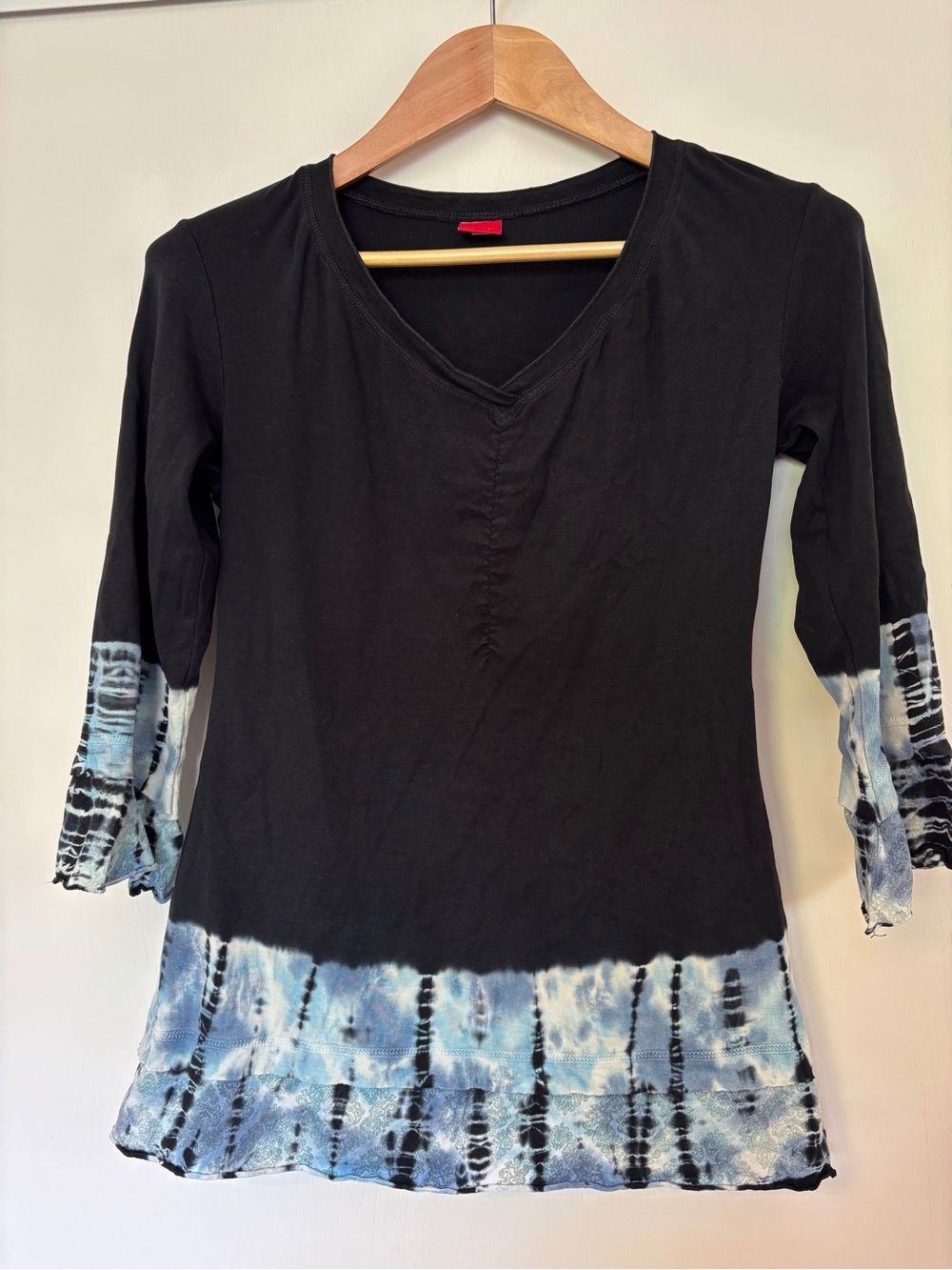Women’s Black Tunic with Blue Tie-Dye Hem and Sleeve Detail
